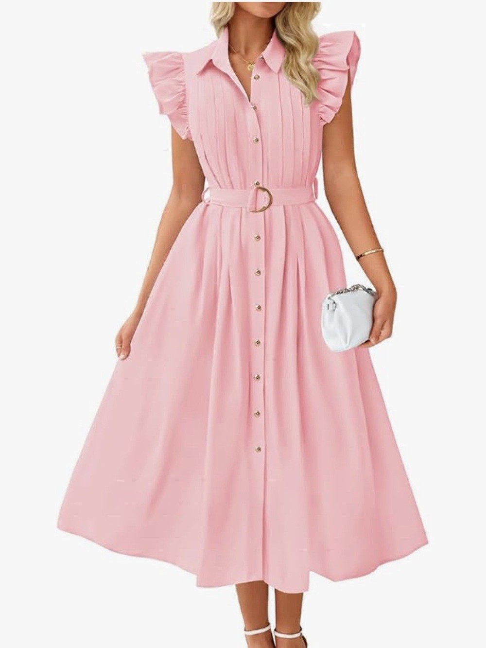 Sleeveless Ruffle Midi Shirt Dress in Pink